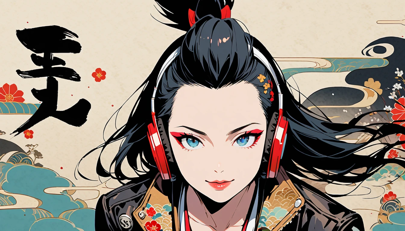 (((Ink Painting))), (((from above))), (((1 female))), (((Leather jacket with Japanese patterns))), (((Mohawk))), (((Very flashy makeup))), Japanese style headphones, devil, face close-up, front view, Japan人の美少女, Black Hair, Delicate and precise, Modern ukiyo-e style,Japan, Droopy eyes, round face, smile, Fuller lips, vivid color
