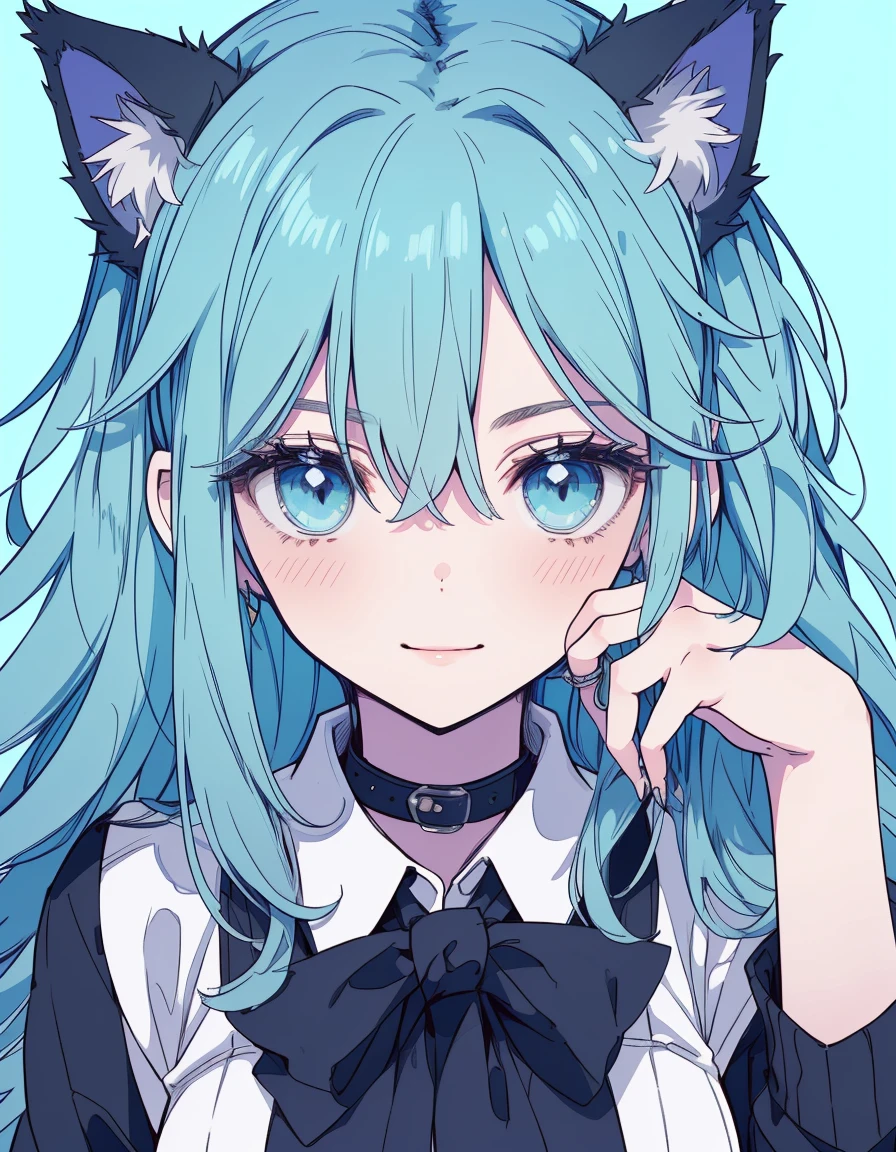 city, punk girl, smile, serious, bungs up, ((masterpiece, best quality:1.5)), ((Beautiful detailed cat aqua eyes:1.2)), cat ears, pale skin, medium breasts, beautiful hands, beautiful fingers, EasyNegative