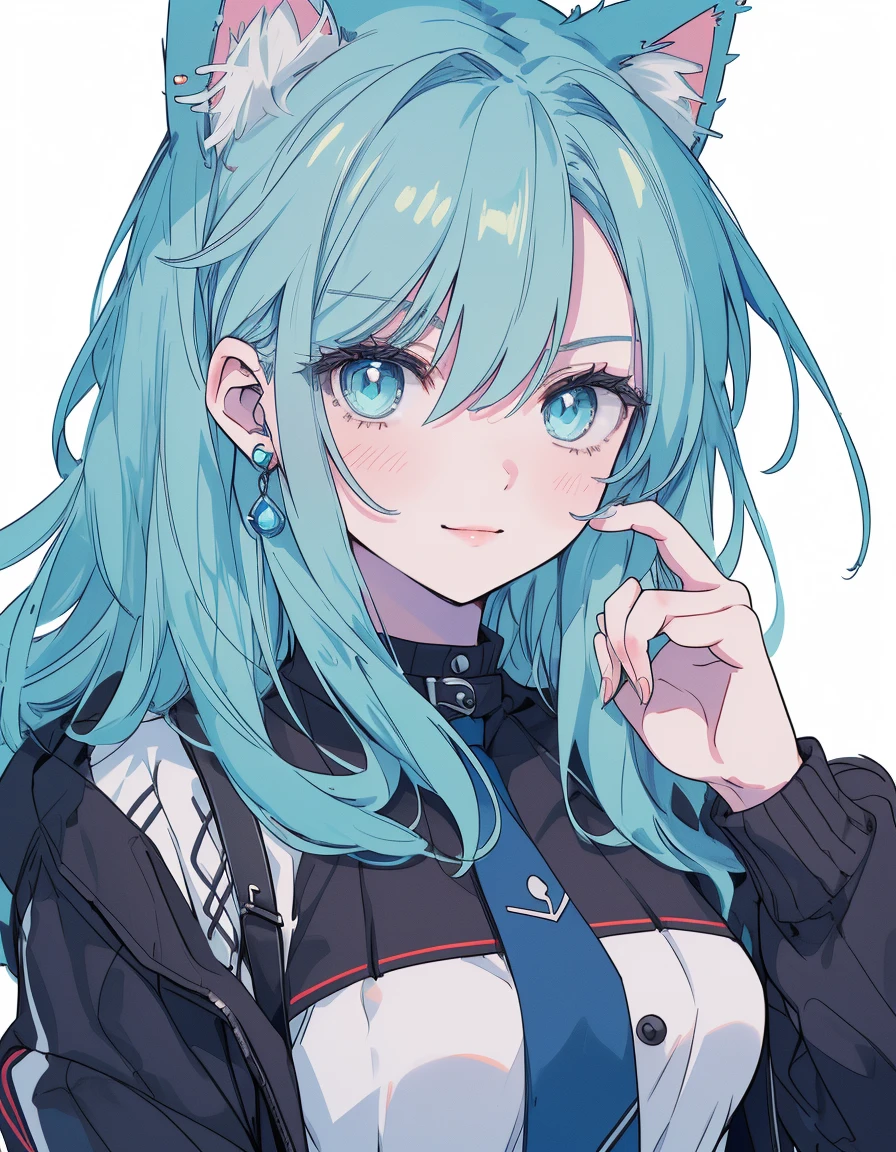 city, punk girl, smile, serious, bungs up, ((masterpiece, best quality:1.5)), ((Beautiful detailed cat aqua eyes:1.2)), cat ears, pale skin, medium breasts, beautiful hands, beautiful fingers, EasyNegative