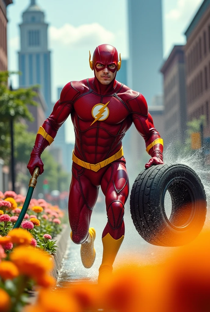 Flash with a squirt gun in one hand and a tire in the other