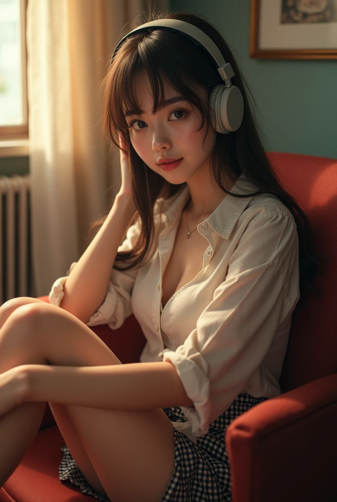 A masterpiece of idol cuteness!An 18-year-old high school student、He is sitting in a chair with headphones on and studying.。Dynamic lighting frames her round face、It highlights her narrow eyes and perfect facial features.。The camera zooms in on her plump cheeks and large breasts.、The unbuttoned shirt accentuates her cleavage.。A very short checked skirt hugs the thighs.、draw attention to her slender legs。Her best smile was captured from a downcast angle.、Showing off a realistic body and fine details。The subject is kneeling comfortably with both arms wrapped around his chest.、She has a natural charm even without makeup.、The result is an exquisite and professional piece of work.。
