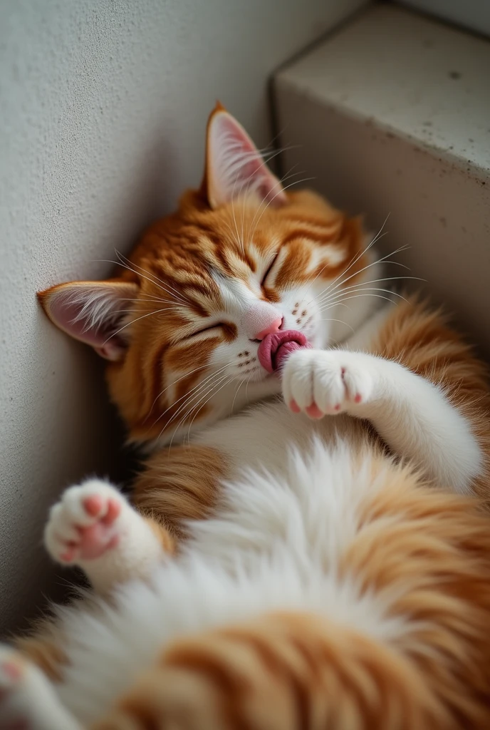 create real photo, an indonesian beauty women, messy red hair, is lying on its back on the wall, eyes slightly closed, licking its paws, grooming itself, looking very leisurely, cute and relaxed, blurred minimalist background, photogenic, UHD.
