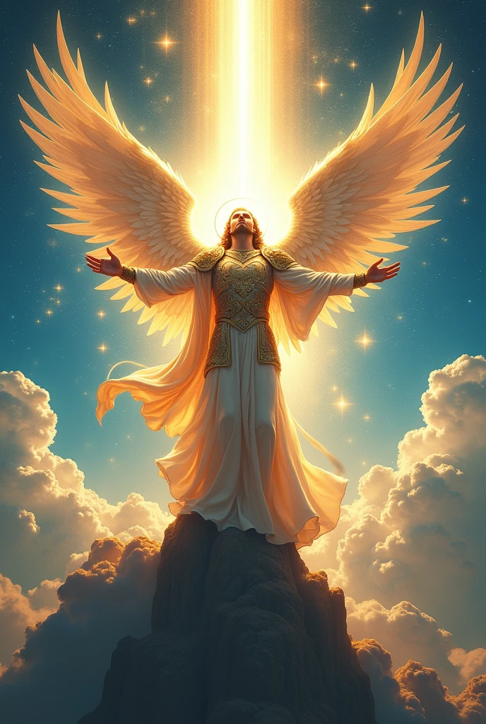Create a stylized image of Saint Michael the Archangel reigning in the heavens. Depict him with an abstract, celestial armor that radiates divine energy, standing tall with his wings spread wide. The scene should be set in paradise, surrounded by other angels, with strong contrasts in colors and lighting to emphasize the power and victory. The environment should be filled with celestial symbols like stars, radiant lights, and elements representing divine victory. The overall atmosphere should be powerful, evoking a sense of triumph and heavenly authority.