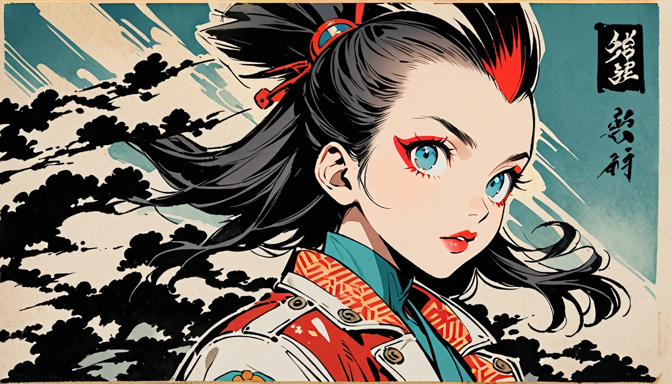 (((Ink Painting))), (((from above))), (((1 female))), (((Leather jacket with Japanese patterns))), (((Mohawk))), (((Very flashy makeup))), Japanese style headphones, face close-up, front view, Japan人の美少女, Black Hair, Delicate and precise, Modern ukiyo-e style,Japan, Droopy eyes, round face, Glare, Fuller lips, vivid color