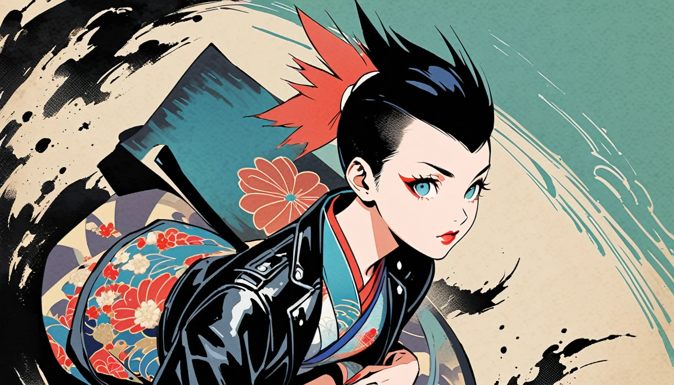 (((Ink Painting))), (((from above))), (((1 female))), (((Leather jacket with Japanese patterns))), (((Mohawk))), (((Very flashy makeup))), Japanese style headphones, face close-up, front view, Japan人の美少女, Black Hair, Delicate and precise, Modern ukiyo-e style,Japan, Droopy eyes, round face, Glare, Fuller lips, vivid color