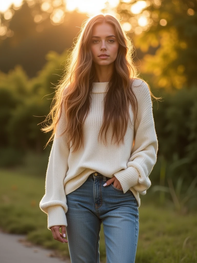 photo of a beautiful lady aged 22 year, long hair, wearing Oversized sweater with jeans, paired with white sneakers, outdoor, detailed, sun light