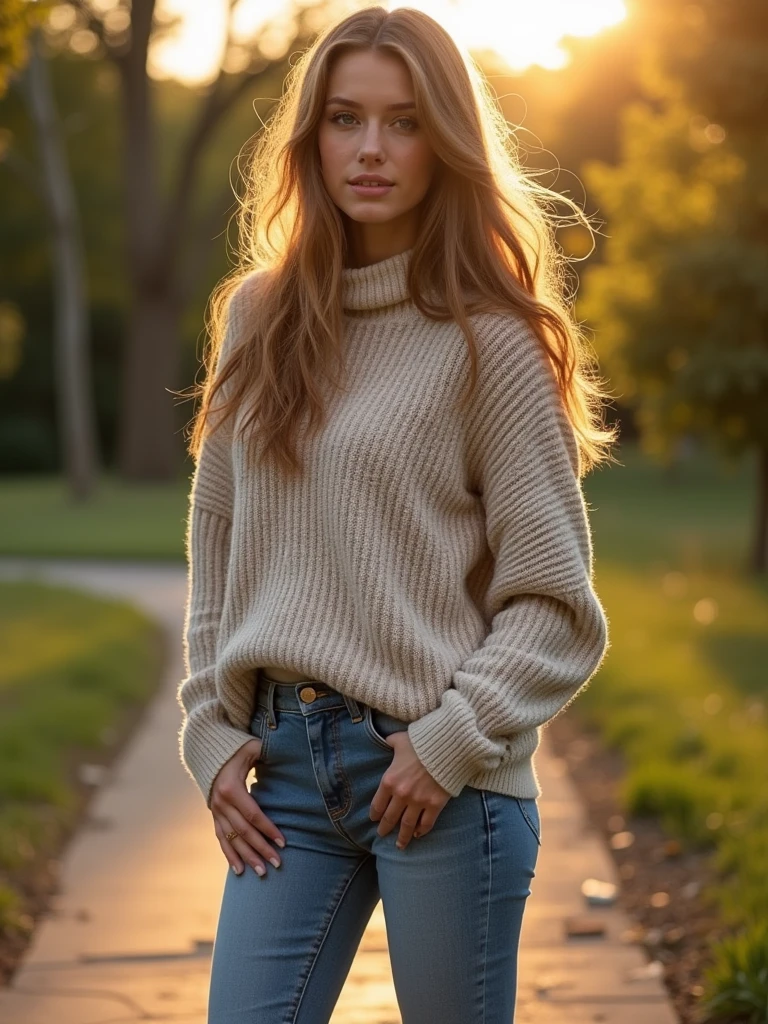 photo of a beautiful lady aged 22 year, long hair, wearing Oversized sweater with jeans, paired with white sneakers, outdoor, detailed, sun light