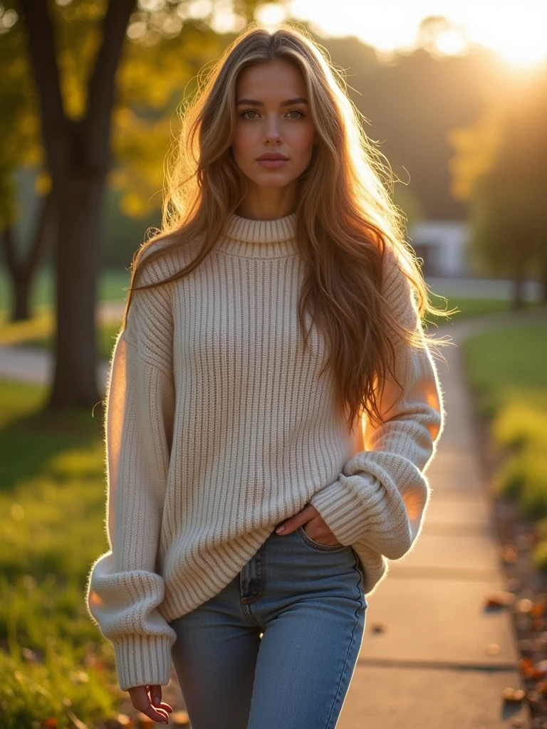 photo of a beautiful lady aged 22 year, long hair, wearing Oversized sweater with jeans, paired with white sneakers, outdoor, detailed, sun light