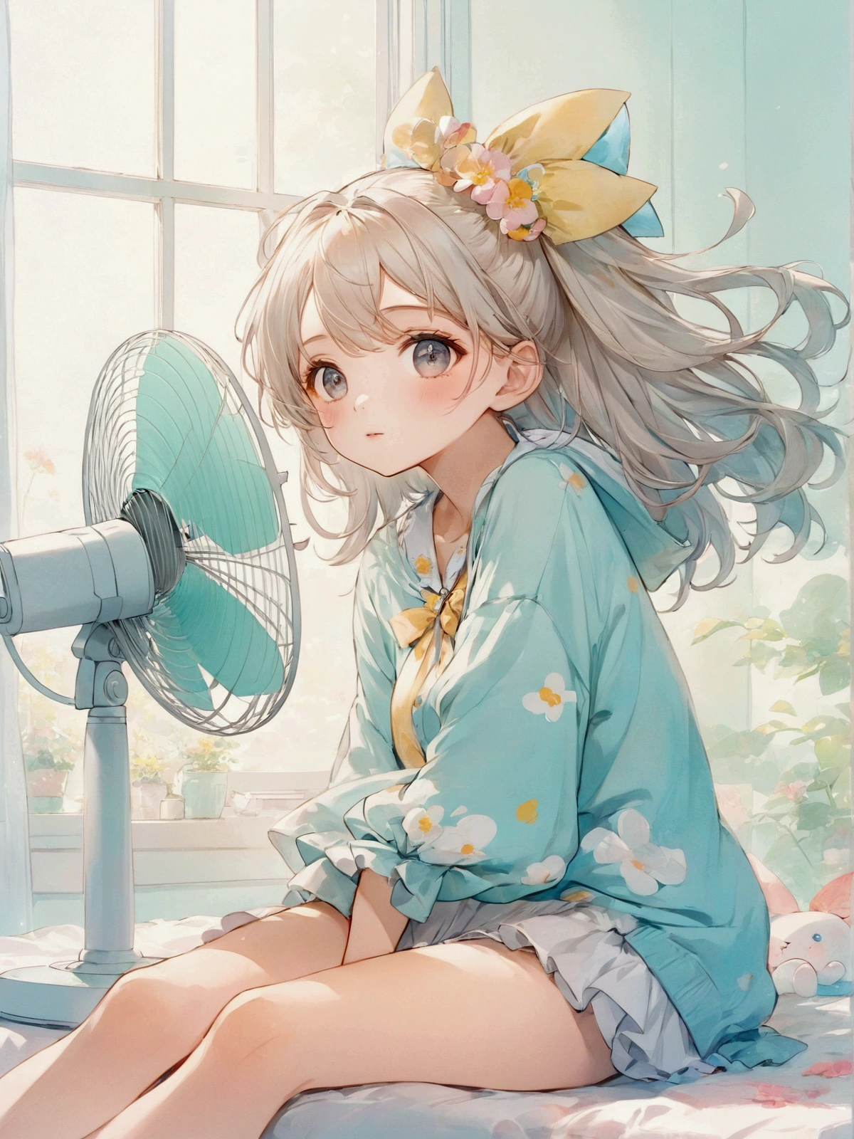 Anime Girls sitting on bed with fan in front of her, cute Anime Girls, Splash Art Anime , Cute girl anime visuals, , artstation pixivでトレンド, (Anime Girls), beautiful Anime Girls, pretty Anime Girls, guweiz on pixiv artstation, cute anime portraits, Anime illustration, by Shimo