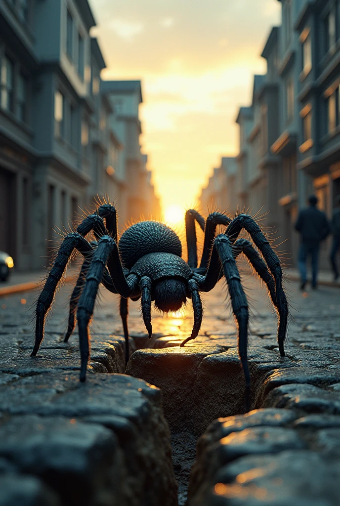 There is a crack in the middle of the city. A spider crawls out of the crack. The houses are covered in spider webs.