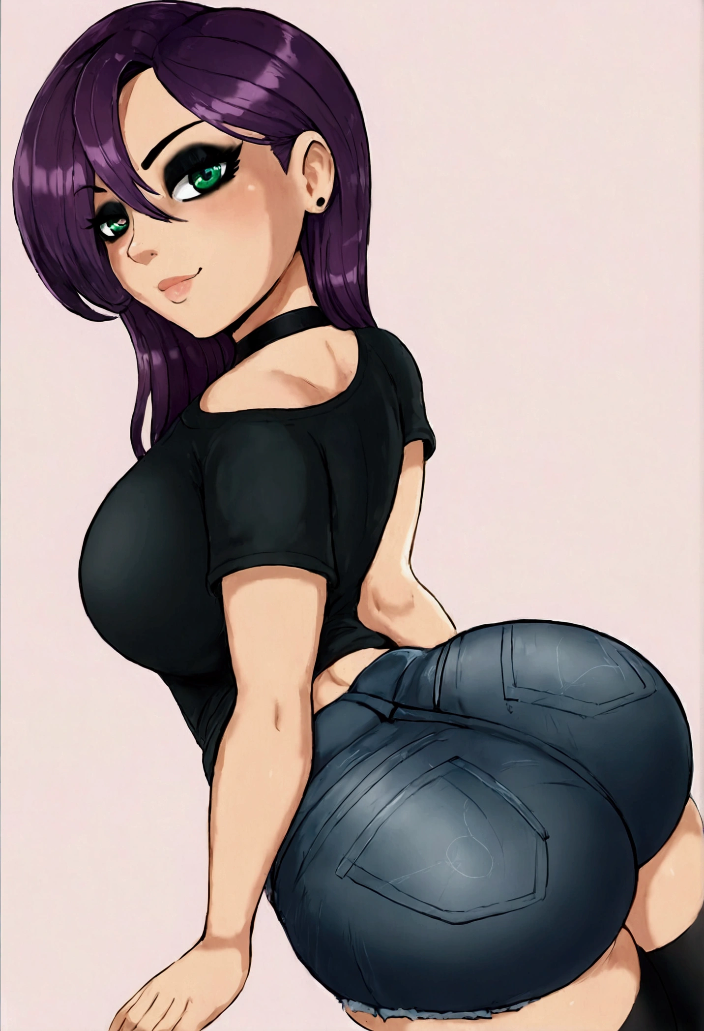 ((Best quality)) ((best detail)) ((high quality background))1 girl, purple hair, black eyeliner, Emerald eyes, black choker, black T-shirt, black denim shorts, black stockings, shows ass