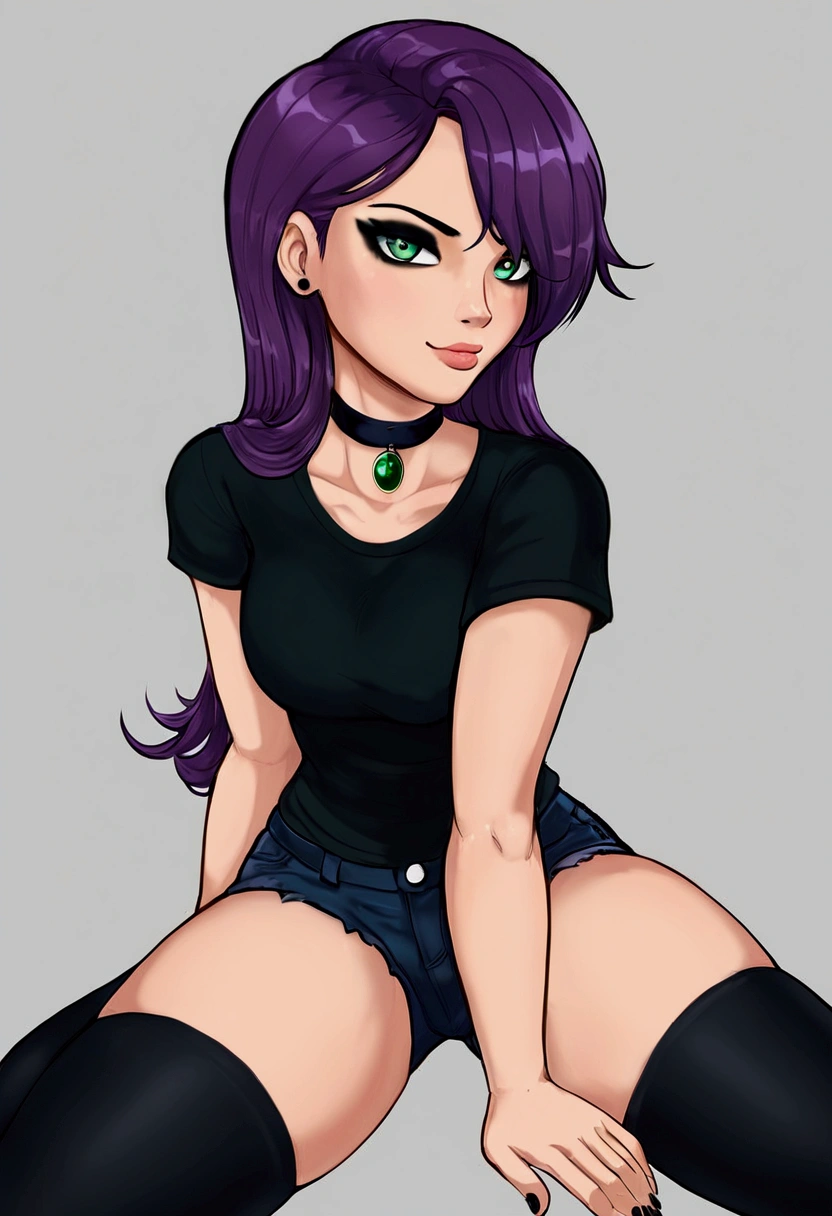 ((Best quality)) ((best detail)) ((high quality background))1 girl, purple hair, black eyeliner, Emerald eyes, black choker, black T-shirt, black denim shorts, black stockings