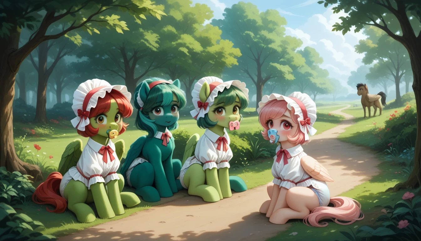pony, Pegasus, adult mare, emerald green fur, a lush mane, gathered into an adult size bonnet, bushy tail, sitting outside, dressed in an adult size bodysuit and booties, pacifier in mouth, solo, thick diaper under clothes, pink blush on cheeks, Embarrassment, Awkwardness. 
