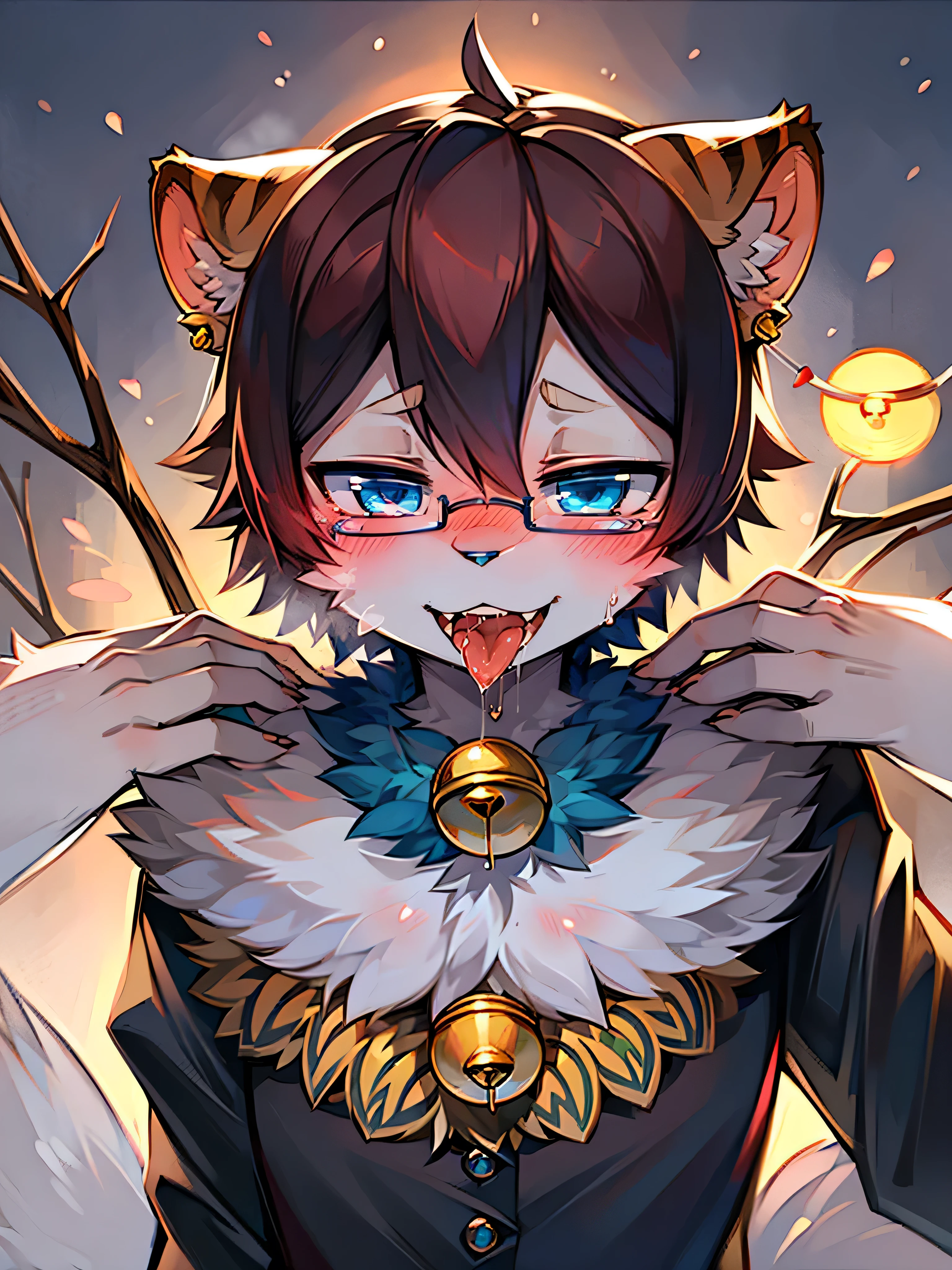 individual, Smile, Open mouth, Blue Eyes, Blushing, high resolution, Best quality, High Detail, high quality, short hair, Animal ears, Dog ears, Lips slightly open, Tiger Teeth, Stick out your tongue, saliva, shy, Heterochromia, hapiness/happiness, Panting, Blushing,Bell, Wearing glasses, 