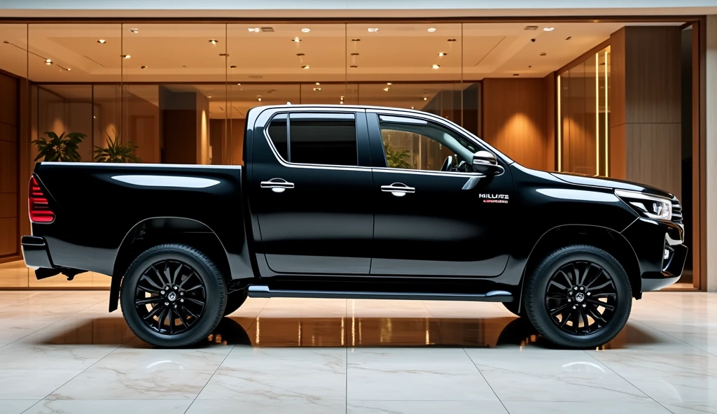 Side view of the redesigned 2025 Toyota Hilux, featuring a sleek black color with a glossy finish. The image should be in high-definition, highlighting the vehicle's streamlined design and the reflective quality of the black glossy paint. The Hilux is displayed in a luxury showroom, with polished marble floors, expansive glass walls, and stylish decor in the background. Ensure that the details of the vehicle’s profile and the luxurious showroom setting are captured clearly.