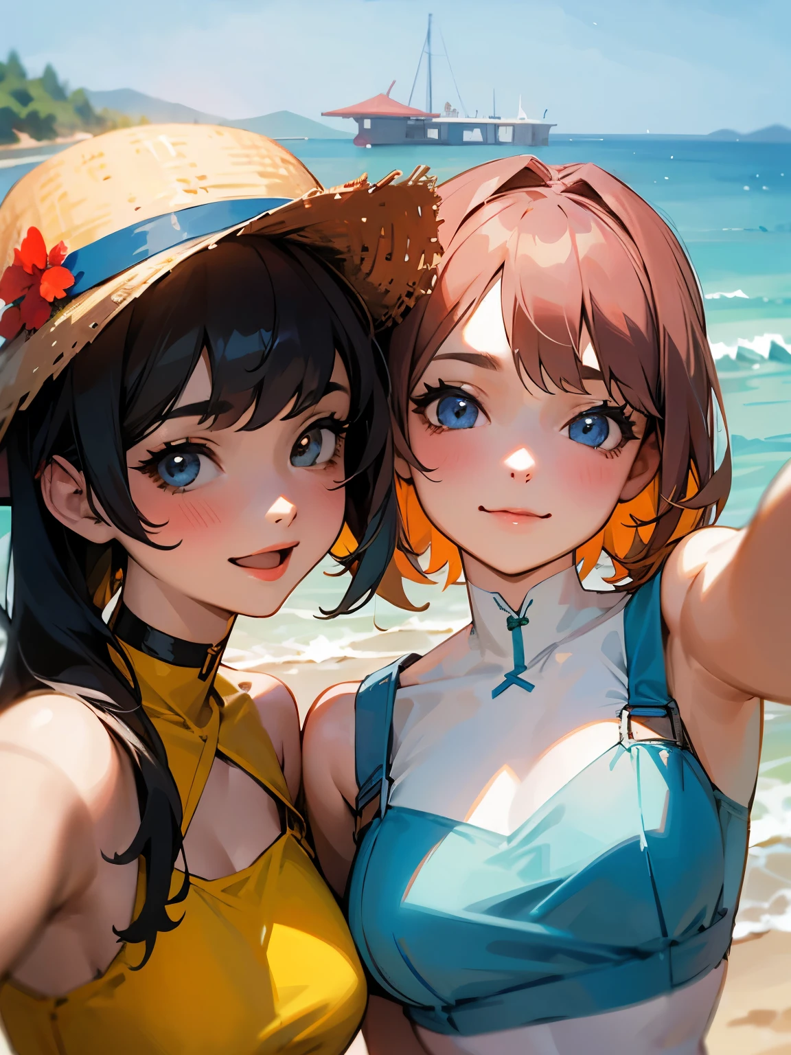 Two girl take a selfie with summer background