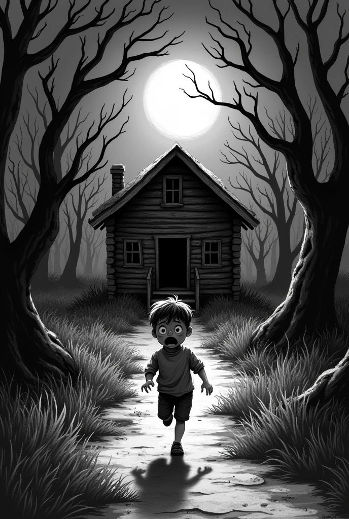 A boy running towards a wooden cabin at night in the woods black and white image horror scene hand drawn