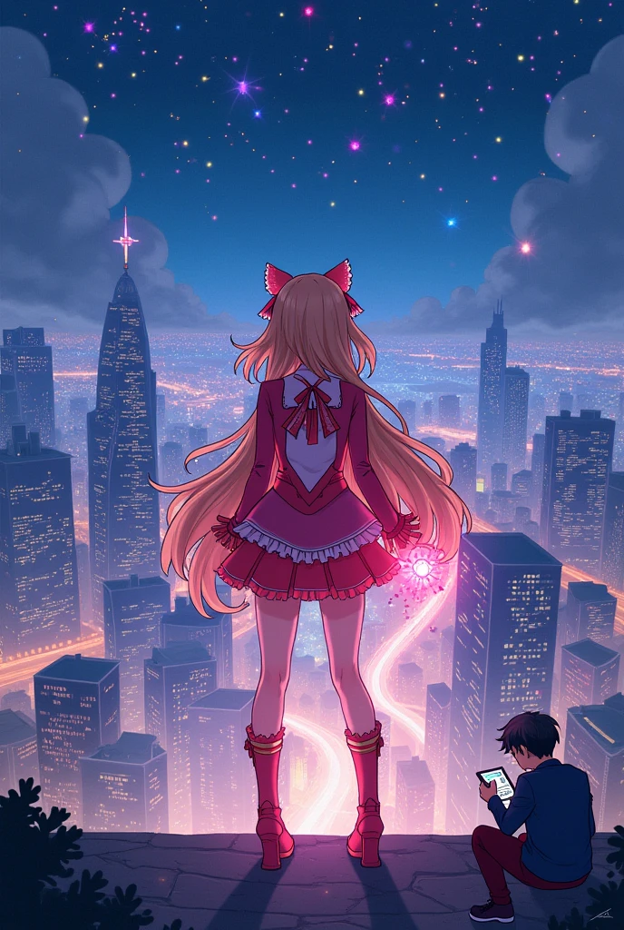 background:
city View:封面background是一座现代化的二线城市,Nightfall,The lights of the city are shining,The high-rise buildings and streets in the distance outline the busy city。Some magical elements can be vaguely seen above the city,Like twinkling stars and faint lights,Hints at the existence of a magical world。
main character:
a(Magical girl):封面的中央是a,身穿她的Magical girl装束。Her outfit is full of color,May include sparkling star patterns and flowing light,Showing the mystery and vitality of her magic。Her attitude is confident and friendly,With his signature smile,There may be a light or a magic item in the hand,Demonstrating her mastery of magic。
L(Information Technology Male):L appears in the corner of the cover,His image is a symbol of the observer and analyst。He can stand on one side of the city,Holding a notebook or tablet,Concentrated on studying some magic-related data or symbols。His expression was calm.,Shows his curiosity and vigilance towards the magical world。
Magic Elements:
Light and Runes:Mysterious lights and magic runes can be placed above or around the cover.,Enhance the overall sense of fantasy。这些元素可以与city View相互融合,Reflecting the interweaving of magic and modern life。
style:
tone:Use bright colors and soft lighting effects to highlight the mysterious feeling of magic。background城市的光芒与魔法的光辉形成对比,It shows the busyness of the city,It also highlights the magic fantasy。
style:可以采用插画style,以细腻的线条和光影效果呈现出角色和background的细节,Make the cover look modern yet fantasy。