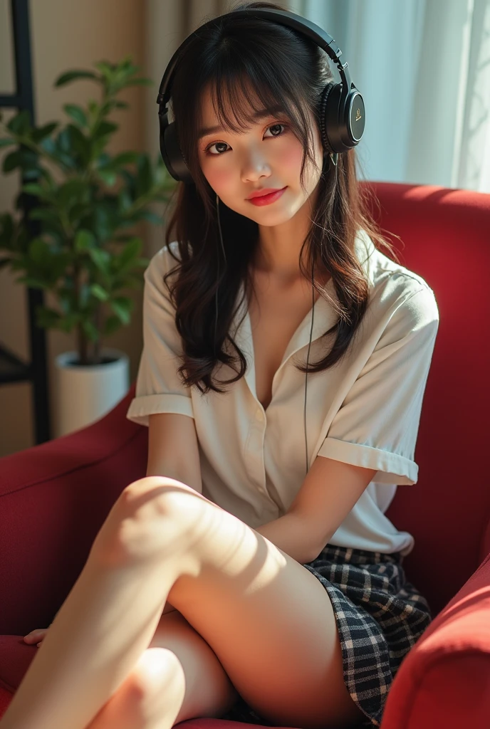 A masterpiece of idol cuteness!An 18-year-old high school student、He is sitting in a chair with headphones on and studying.。Dynamic lighting frames her round face、It highlights her narrow eyes and perfect facial features.。The camera zooms in on her plump cheeks and large breasts.、The unbuttoned shirt accentuates her cleavage.。A very short checked skirt hugs the thighs.、draw attention to her slender legs。Her best smile was captured from a downcast angle.、Showing off a realistic body and fine details。The subject is kneeling comfortably with both arms wrapped around his chest.、She has a natural charm even without makeup.、The result is an exquisite and professional piece of work.。