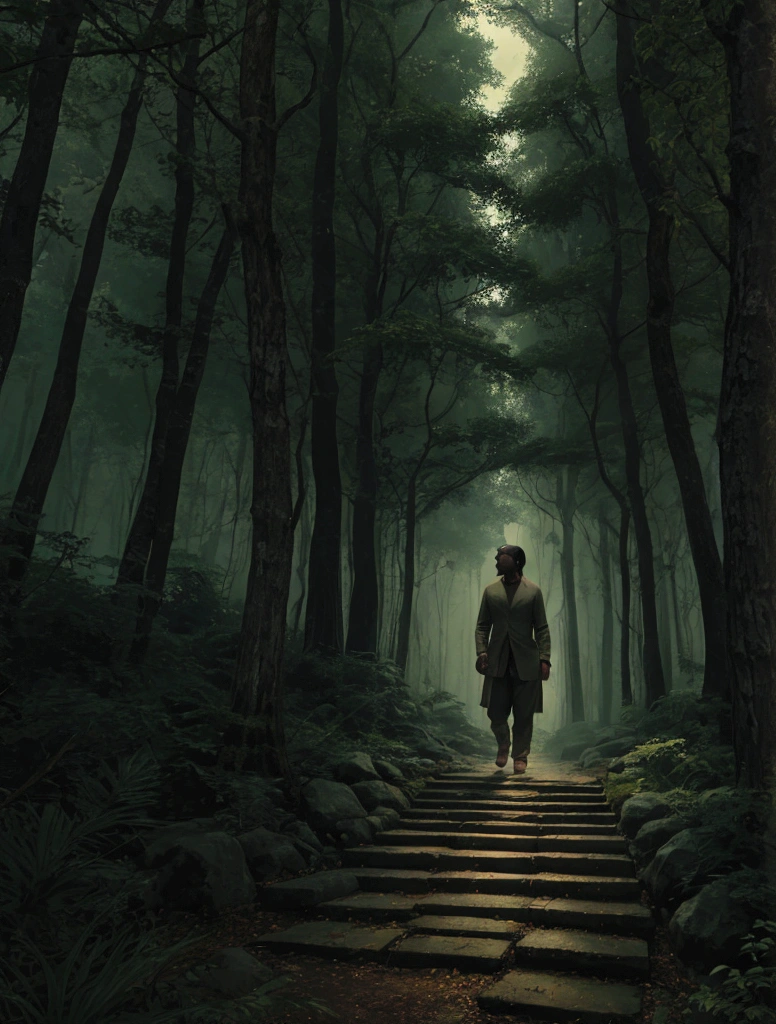 yogi walks through a dark forest, his steps leaving a faint glow in the earth.
