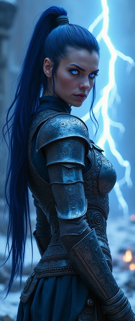 Aletta Ocean, angry evil beautiful and muscular, Nordic female, towering storm Giantess with blue black hair in a ponytail, older and mature woman, throwing a lightning ball, celtic glowing tattoos, wearing nordic steel runic plate mail Armour , temple cave background with lightning storm, glowing blue eyes, square jaw, powerful and imposing, winter clothing, pale blue purple skin, ((full plate celtic dragon armour)), nordic tattoos, fit bodybuilder, facing the camera , ultra detailed