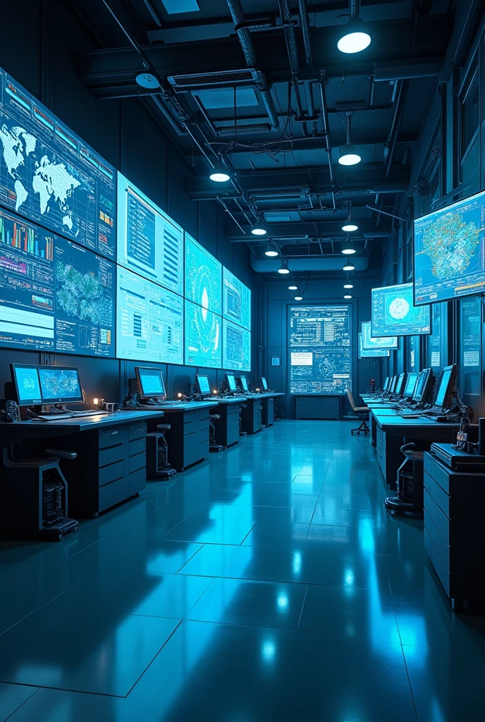 big Room with computer screen with advance technology without human