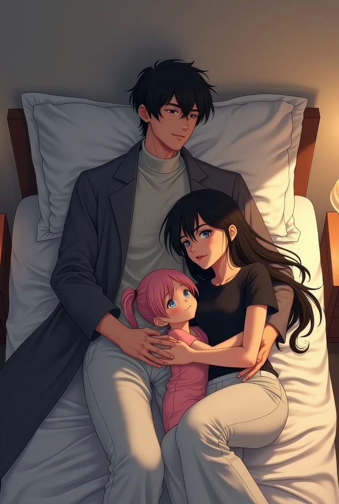 Anime Art, Adult Male, Black Hair, Black Eyed, Handsome Face, Calm Face, Look Tall, Look A Little Muscular, using an ash-colored long neck sweater, long white pants, wearing gray Coat, with a girl who has black long hair and diamond blue eyes, wearing black t-shirt, long white pants, and sleeping together while hugging a  who has pink hair and light blue eyes, wearing pink clothes, they sleep in bed together