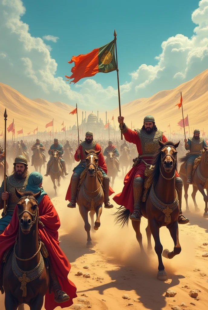 (masterpiece, UHD, oil painting, realistic, Greg Rutkowski style:1.3), raging battlefield, Gondwana warriors, (traditional armor and weapons:1.2), face-to-face with Mughal soldiers, (elaborate turbans, chainmail:1.2), chaotic combat scene, archers releasing arrows, cavalry charge, (smoky, dust-filled air:1.1), vast plains, far-off mountains, panoramic view, warm colors, sunset.