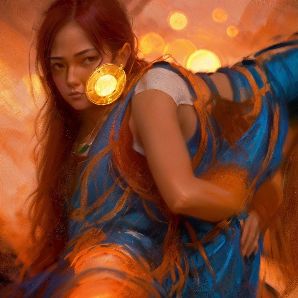 close-up shot of 1girl, wearing a mask, beautiful blue vest, golden details, red sunset in the background, intricate details, hyper-realistic, cinematic lighting, masterpiece, award winner.