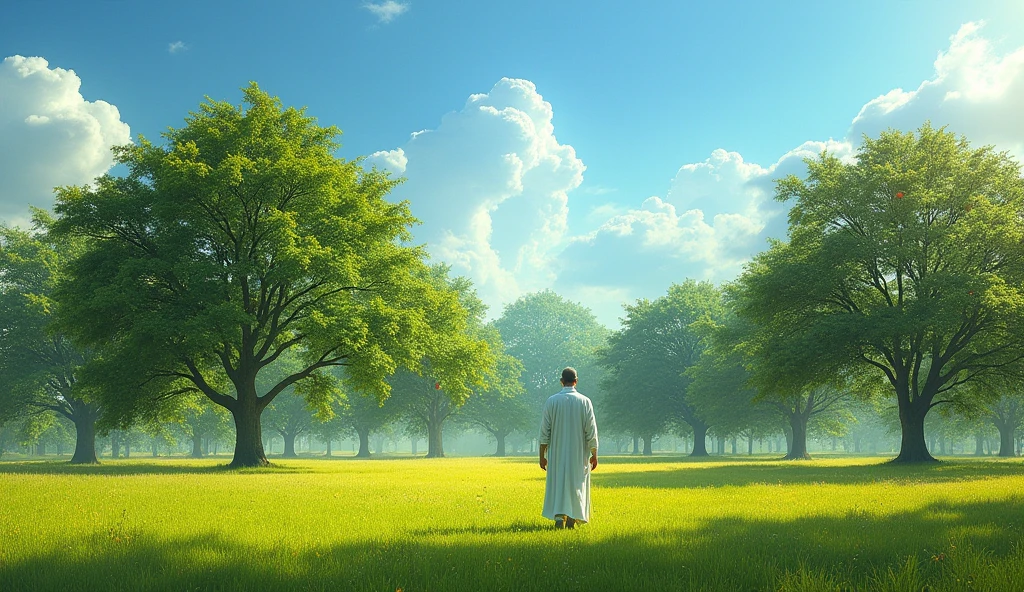 Create an image of a large field where several trees of different types are planted. Each tree represents a type of investment, and together they form a prosperous and varied orchard. Some trees are loaded with fruit, others are at different stages of growth, symbolizing that diversification brings a steady and secure harvest. Solomon can be seen walking among the trees, checking your growth and contemplating the wisdom of keeping your investments diversified.