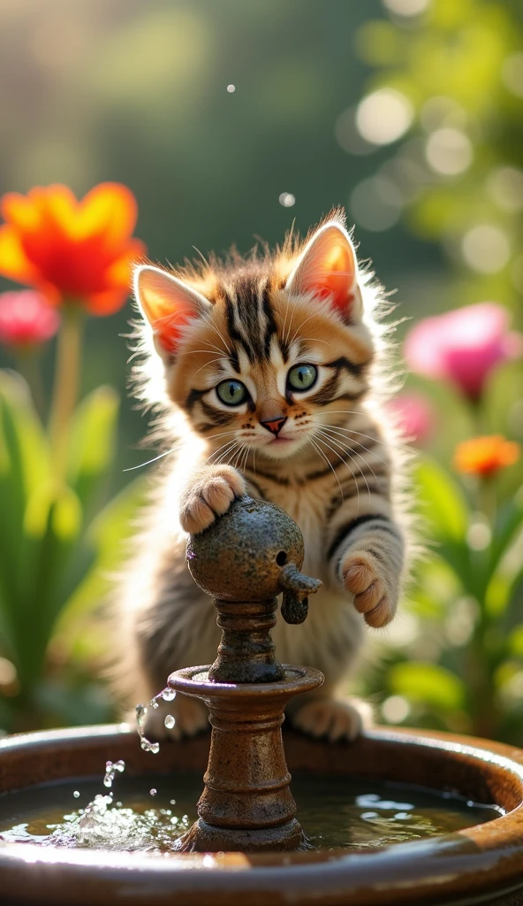 Realistic cute kitten Fountain Day