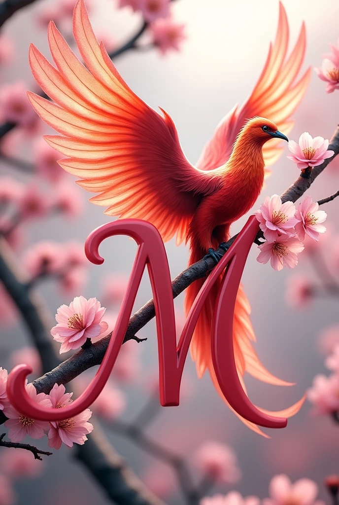Pink cursive uppercase letter M with elegant details with cherry blossoms and a phoenix bird on it with open wings and raised tail looking happy 

