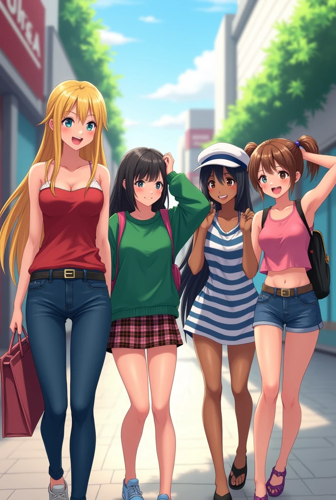 a group of anime girls shopping at a mall, first girl wearing a red tube top that is almost slipping and jeans with long blonde hair, and she carries a bag on her shoulder. the second girl has brown hair and wearing baggy green sweater with plaid miniskirt carrying a backpack. the third girl wears a fake sailor cap and has long black hair wearing a tight sleeveless blue and white striped dress, both her hands raised fixing her hair and exposing her armpits. the fourth girl has a sun kissed complexion and brown ponytail hair with pink crop tank top that exposes her midriff with noodle straps along with shorts. they're all chatting to each other.