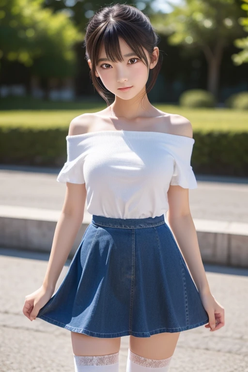 idol, small, Cute as an angel, One girl, Japanese, , Young, prety, Sparkling eyes, body hair, Thin legs, Attention to detail, Highest quality, High resolution, off shoulder dress, jumperskirt, T-shirt, bobbed hair, short bob, miniskirt, shorts, denim shorts, denim skirt, over knee socks, loose socks, Anatomically correct, Textured skin, high quality, high quality, high details, best quality, highres, super detail, accurate, high details, best quality, highres, super detail, accurate