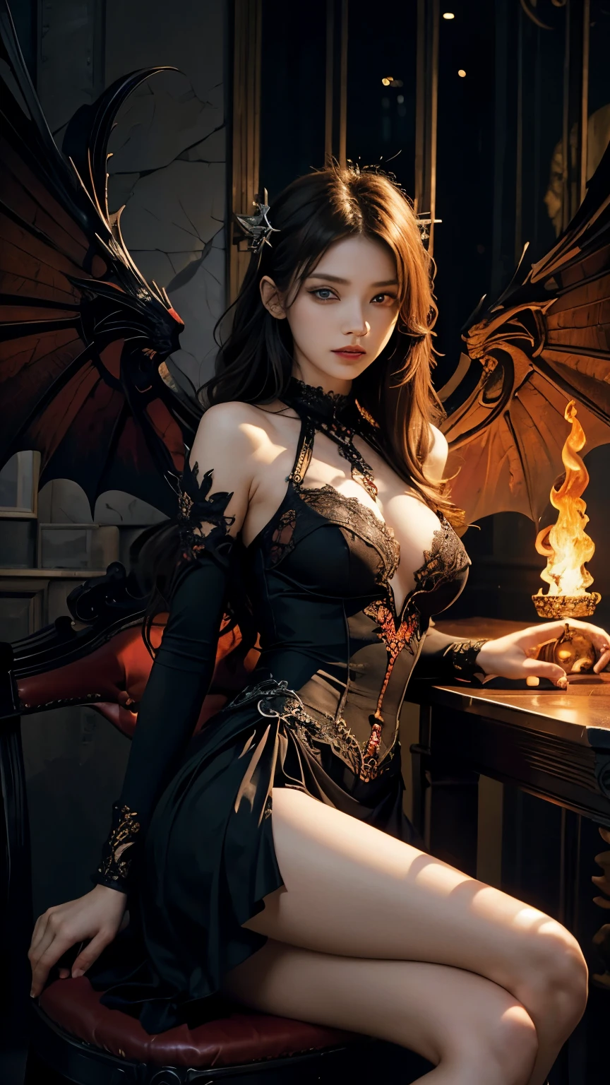 (Masterpiece, Highest quality, best quality, official art, beautiful and beautiful:1.2), (1 girl),The beautiful demon angel in fairy tales,angel wings,Fantasy,Big breasts,sexy,Tempting,Mr. Charm,sit,มีปีศาจscaryตัวแดงยืนอยู่ข้างหลัง,,Gothic,dark corner,scary,flame,Blazing fire,Bright red,Dynamic, very detailed,(fractal art:1.3),colorful,Maximum details