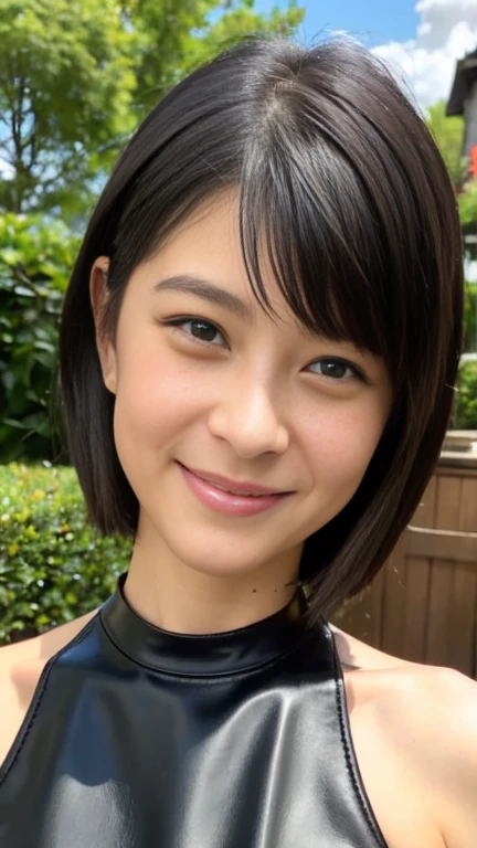 最high quality, 8k, Vibrant, Sharp focus, high quality, High resolution, Middle-aged women, Mature Woman, 55 years old, (Whole Body Ezbian), (High heels face detail, Highly detailed eyes, Plump figure、Plump face、((big 1.6))、(((Large Breasts)))、((Black leather clothing))、garden、Random Hairstyles、A kind smile、