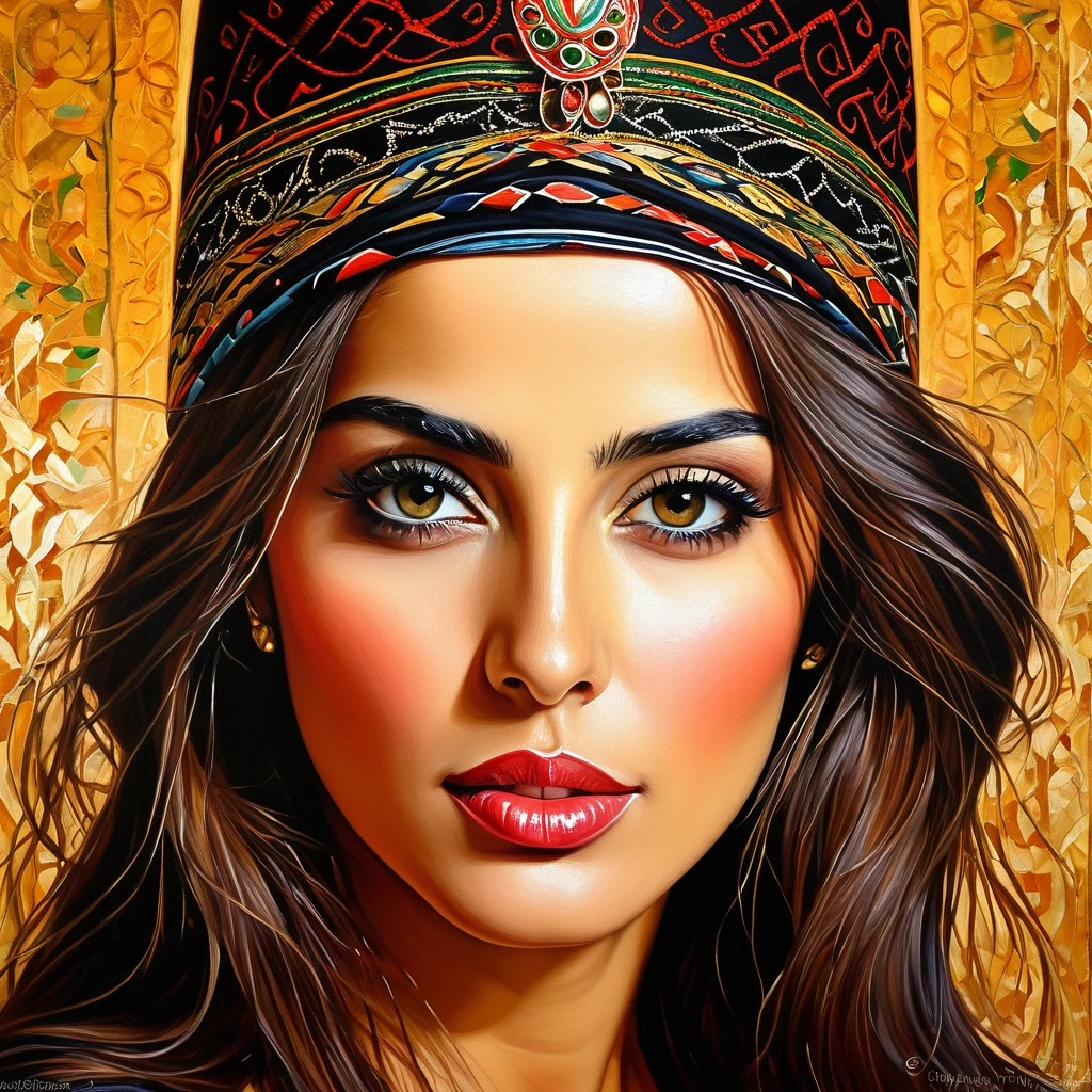 Painting of a woman with hat and ktom, Volkan Baga, complex beautiful faces, complex faces, complex faces, Arabic art, Perin del Waga, Judy Takacs, Chafik Charobim, Nevin Chokai, Youssef Hovayek, trends in deviant art, Jean Haye