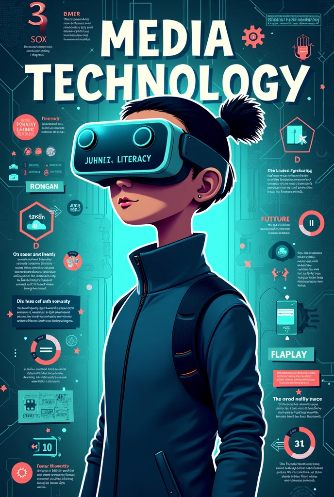 create a poster about the "newest technology" in requirements for the subject media and information literacy. the poster should contain phrases in relation to the topic(technology, the future of work and life). the important words should be italisized, bold, enlarged, darkened or lightened, or in heavier weight. it can also be in a creative yet understandable font to attract attention. there must be a unity in the entire poster, how there is harmony in colors and in figures or shapes in the presented ideas. it should be in balance. use contrast, for example is light font on dark background, large font with small font. there should be visual flow
