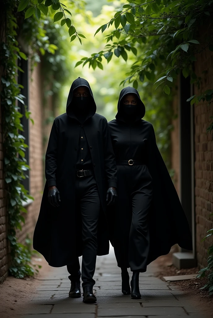 Un homme et une femme noir cote a cote, marchant dans une allee entourée de mur avec de la végétation.
L'homme et la femme sont Habillés tout en ????, avec une cape et une capuche. Ils portent tout deux un masque intégral ???? sur le visage