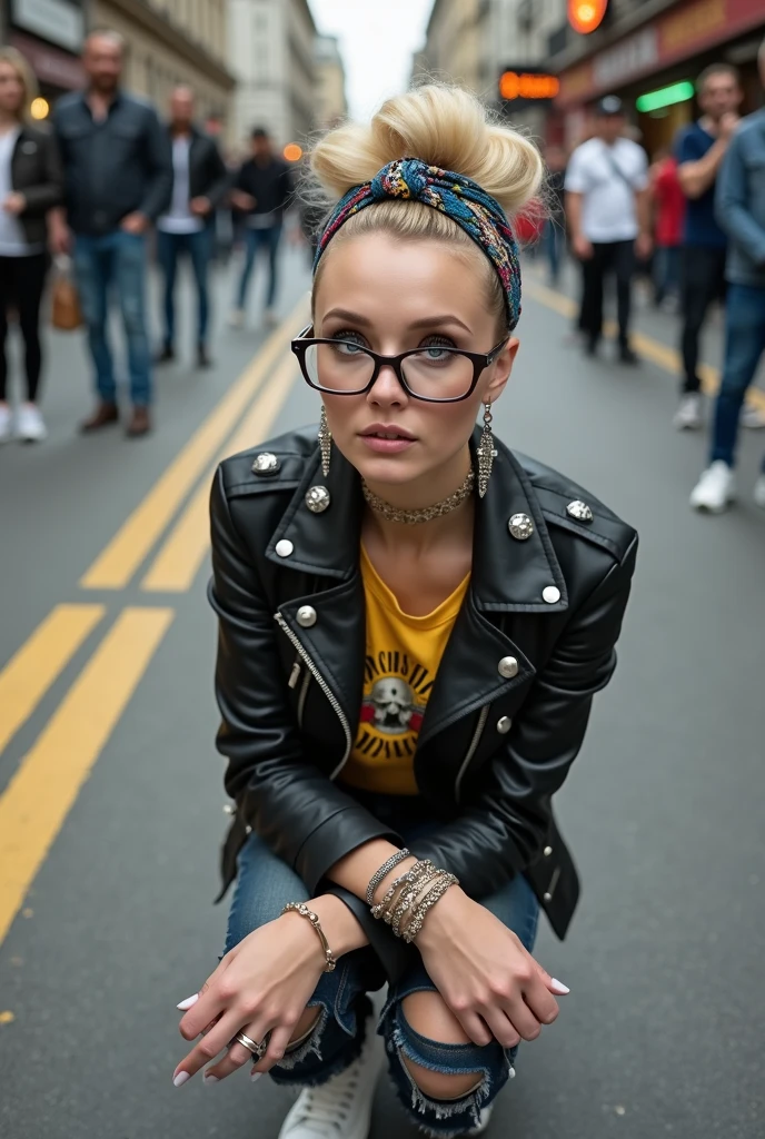 russian old milf woman, grey hair (huge top bun) and bandana as headband (big maxi glasses), with very light blue eyes, extremely pale. Wearing cropped white moto jacket with lots of zippers and pins, cropped guns and roses t-shirt, dark skinny blue jeans with holes and white tennis sneakers . Lots of metallic bracelets and collars. Tacky wide leather belt with oversized buckle. Long earrings. Kneeling like in a payer, a little bent, looking up, eyes and mouth wide open in amazement. Hands on her knees. Listening in amazement to somebody speaking to her, toned six pack abdominals, thin legs and thin arms. A lot of people around