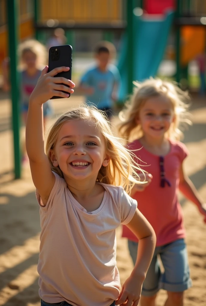  8  blonde playing with 4 children. The image takes place in the playground. On voit tout les têtes des enfants. The girl doesn&#39;t know what she&#39;s photographing. Elle est en train de jouer à chat avec les enfants. La photo est pris du dessus point on voit les 5 enfants jouer. Les autres enfants essaie de l'aider. The image is taken with a phone. On voit clairement l'arrière plan. 