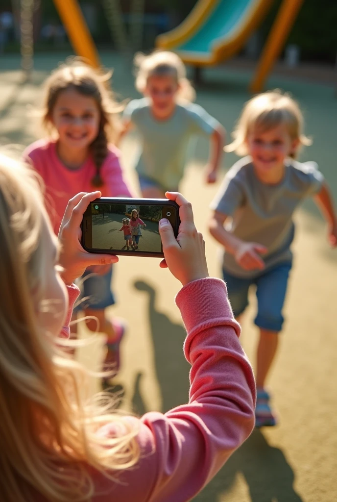 8 year old blonde playing with 4 children. The image takes place in the playground. On voit tout les têtes des enfants. The girl doesn't know what she's photographing. Elle est en train de jouer à chat avec les enfants. La photo est pris du dessus point on voit les 5 enfants jouer. Les autres enfants essaie de l'aider. The image is taken with a phone. On voit clairement l'arrière plan.