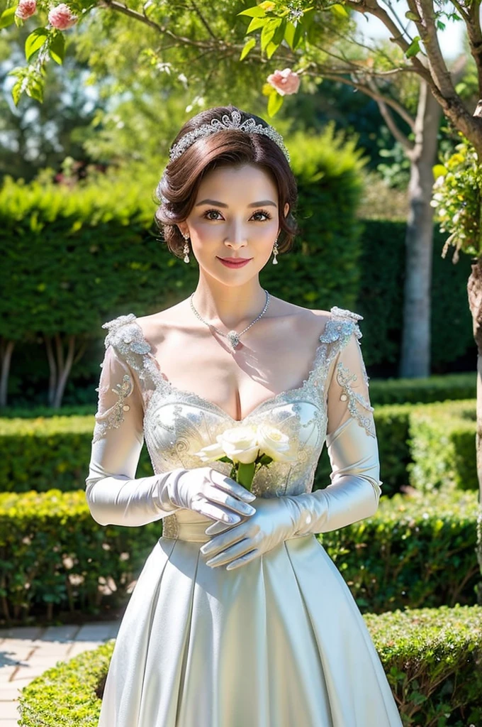 ((Masterpiece)), ((Best Quality)), A middle-aged short-hair woman, ((She is wearing an ornamental silver satin wedding dress)), She is wearing gloves on her hands., outdoor, She is in a garden. She is wearing a big necklace.