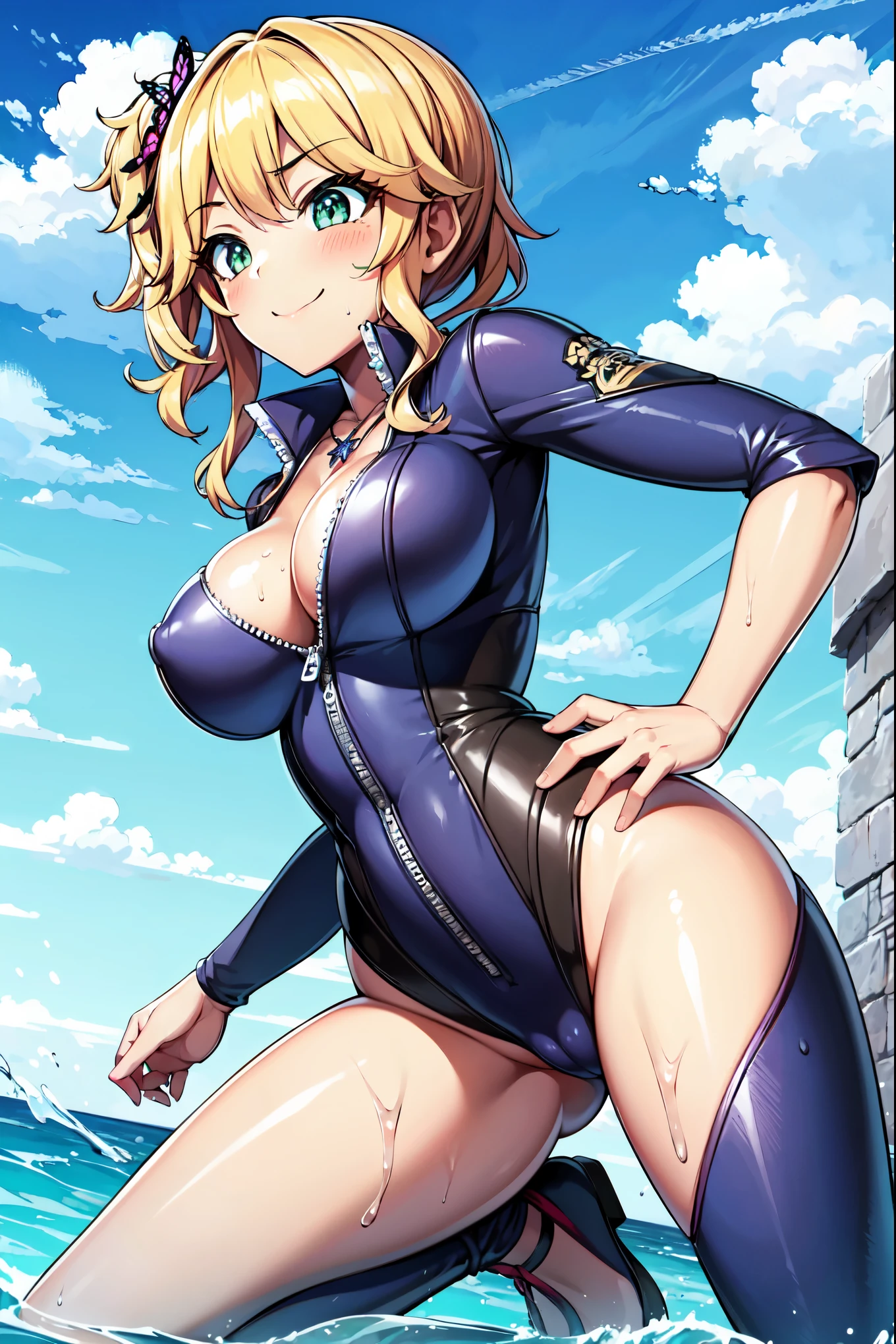((super high quality,Ultra-high resolution,16K,super masterpiece,Ultra HD,Ultra high definition,))One Girl,A bright and shiny pink wetsuit,Zipper opening from neck to crotch,Open chest,Tight collar,popped collar,Butterfly shaped light blue necklace,Looking at this,be happy,blush,Put your hands on your hips,V sign,Leaning forward greatly,,Spread your legs,Sweaty all over,Top-down angle,a blue sky with clouds and sun,A lot of water splashing from below,