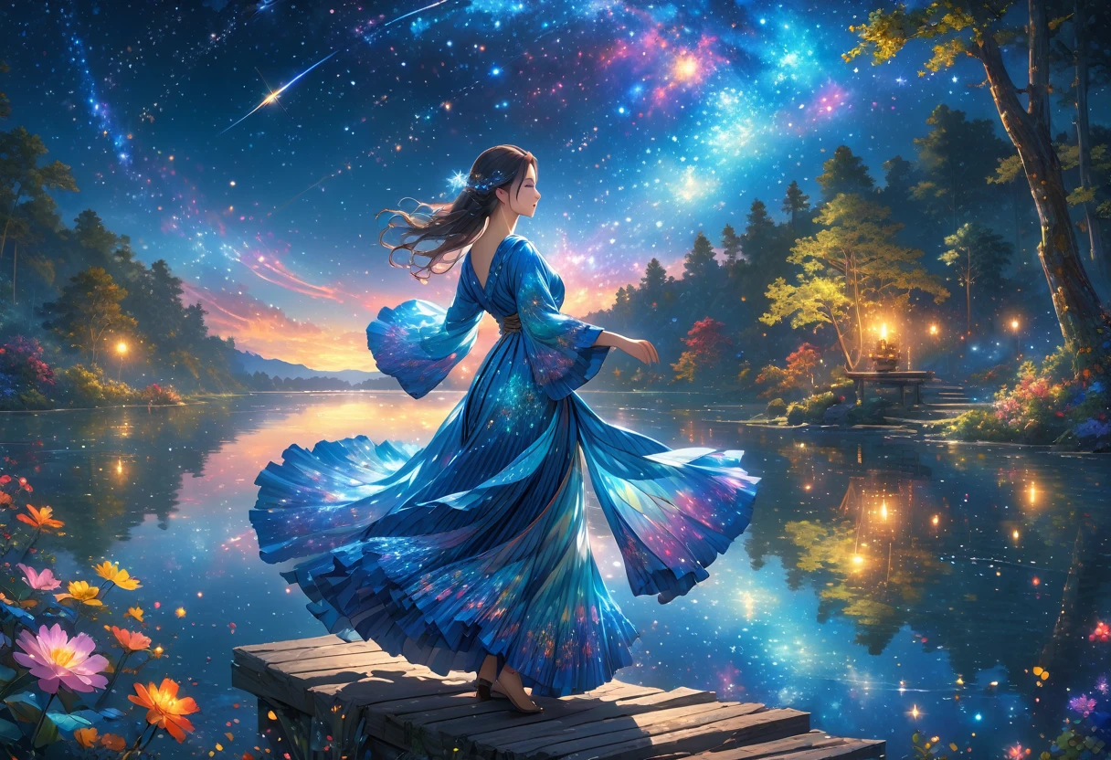 score_9, score_8_upper, score_7_upper,A woman in a beautiful feathered robe is dancing.,night,fantasy forest,night景,Firefly,lake,Crystal Sparkle,(masterpiece, Highest quality, Highest quality, Official Art, beautifull, beautiful:1.2,Ray Tracing),Very detailed,Blue tones,well-proportioned body,Long Hair,Long Shot,milky way,nebula,Starry Sky,shooting star,Very detailed, (Fractal Art:1.3), colorful, Most detailed, High resolution, Magical Patterns, Impressive visuals, (Dynamic Stripes, Light trail:1.2), Vibrant colors ,Detailed Images, Star Wizard