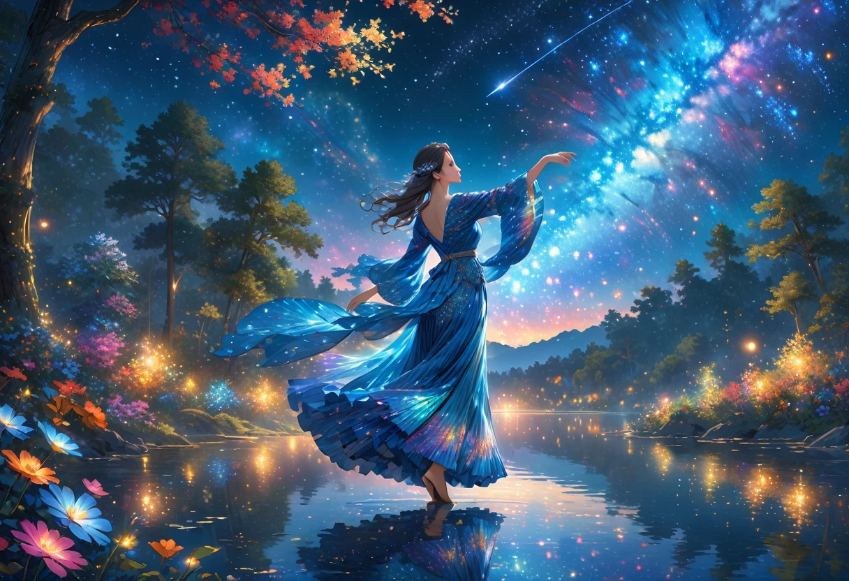 score_9, score_8_upper, score_7_upper,A woman in a beautiful feathered robe is dancing.,night,fantasy forest,night景,Firefly,lake,Crystal Sparkle,(masterpiece, Highest quality, Highest quality, Official Art, beautifull, beautiful:1.2,Ray Tracing),Very detailed,Blue tones,well-proportioned body,Long Hair,Long Shot,milky way,nebula,Starry Sky,shooting star,Very detailed, (Fractal Art:1.3), colorful, Most detailed, High resolution, Magical Patterns, Impressive visuals, (Dynamic Stripes, Light trail:1.2), Vibrant colors ,Detailed Images, Star Wizard