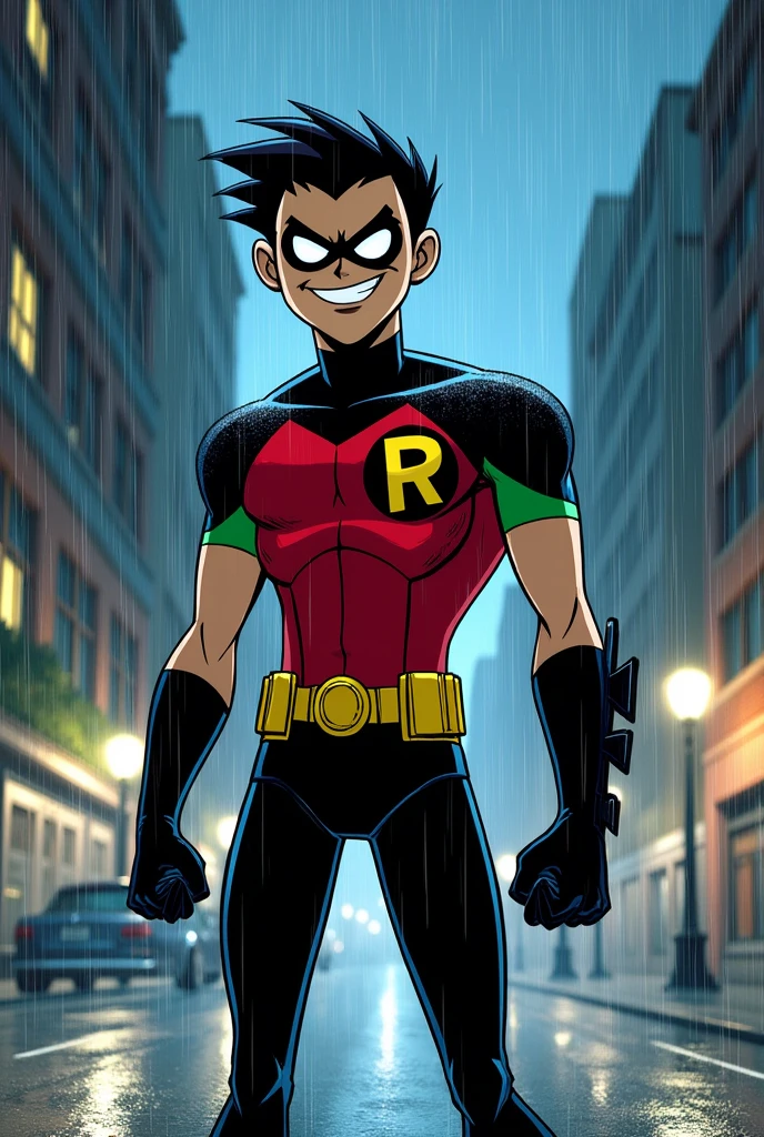 Teen titans robin was in rain and smiling 
