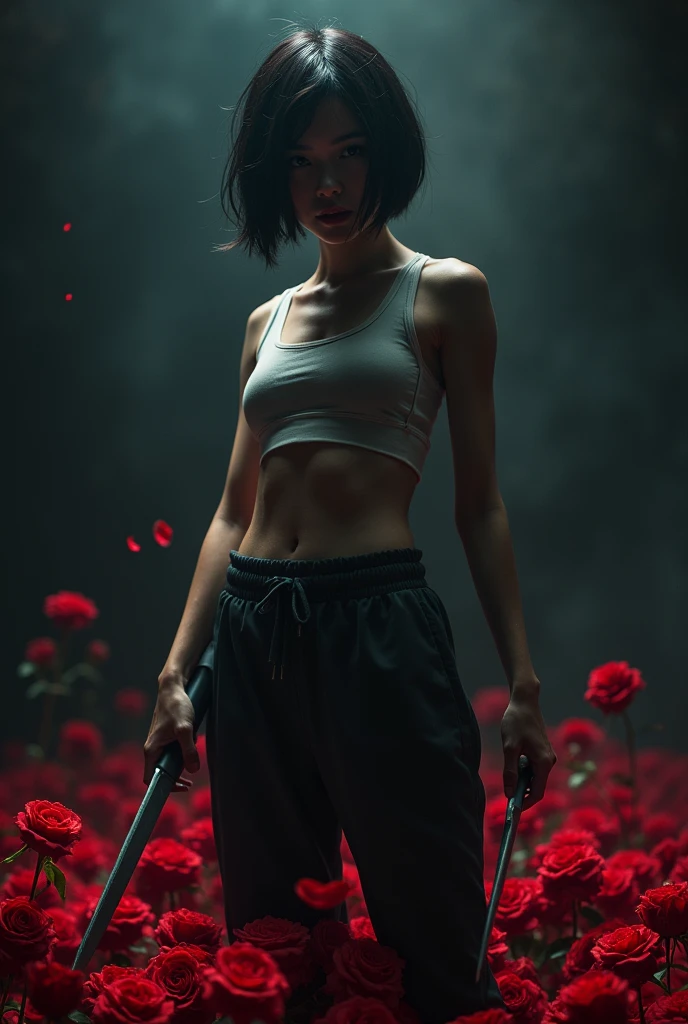 A girl,Very dark,Dark background,Knife in hand,Exquisite,short hair,Sweatpants,Sportswear,There are a lot of roses