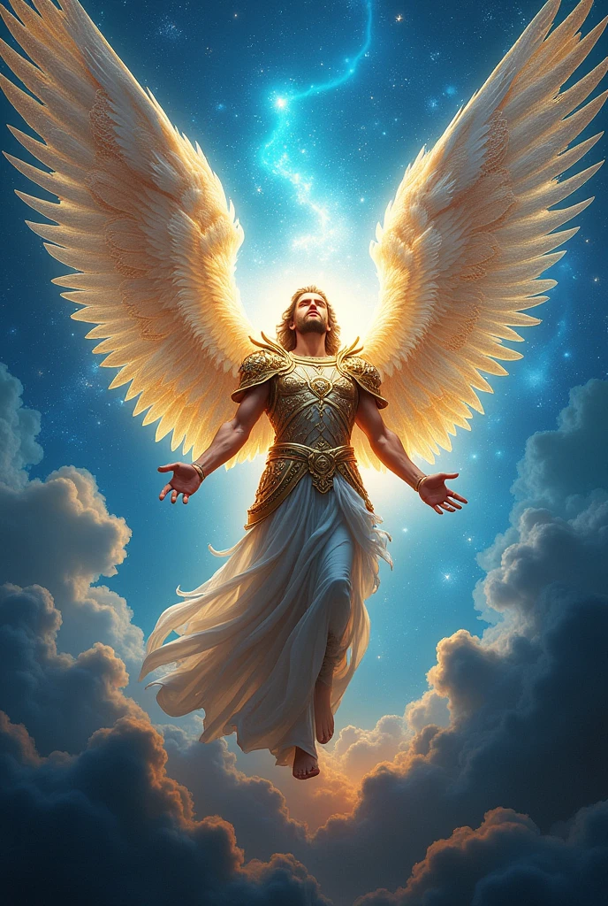 Create a stylized image of Saint Michael the Archangel reigning in the heavens. Depict him with an abstract, celestial armor that radiates divine energy, standing tall with his wings spread wide. The scene should be set in paradise, surrounded by other angels, with strong contrasts in colors and lighting to emphasize the power and victory. The environment should be filled with celestial symbols like stars, radiant lights, and elements representing divine victory. The overall atmosphere should be powerful, evoking a sense of triumph and heavenly authority.