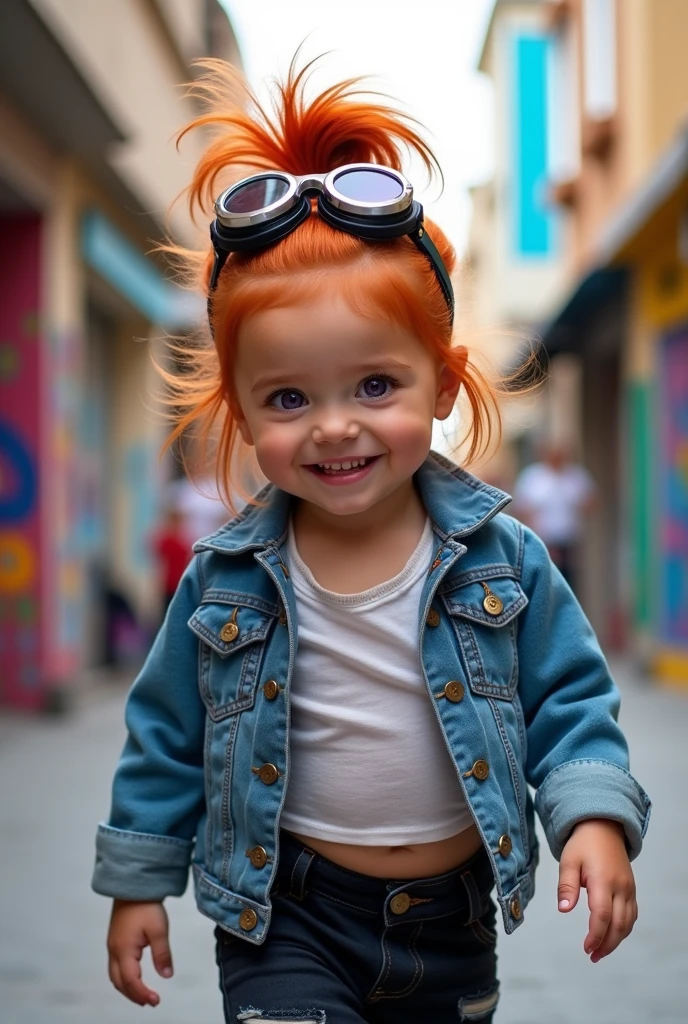 A tanned 1y girl with red high ponytail and sharp purple eyes
She is wearing a tank top with blue jacket and black jeans and goggles
She had a fierce expression
